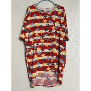 LuLaRoe High Low Tunic Top Mini Dress Striped Red White Blue Yellow Stars USA L